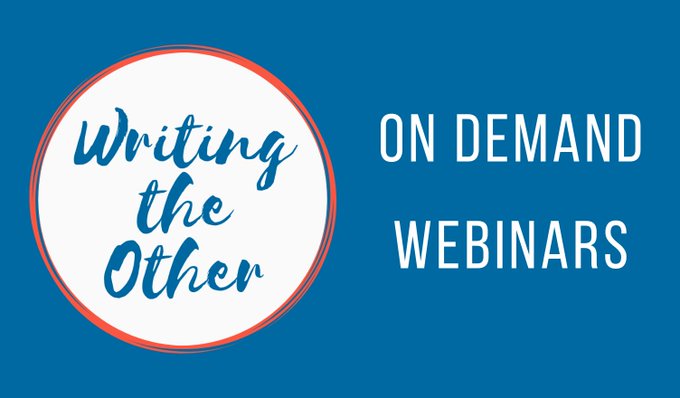 a medium blue background with white letters saying "on demand webinars" and a white circle with orange background and blue letters saying "writing the other"